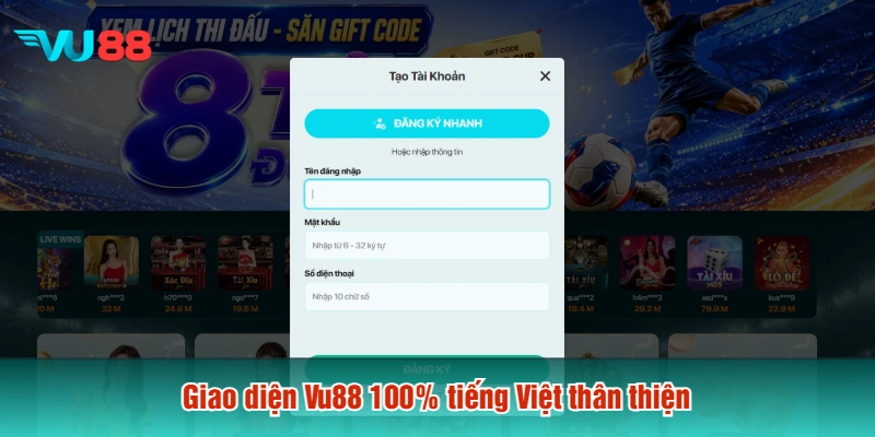Giao diện Vu88 100% tiếng Việt thân thiện